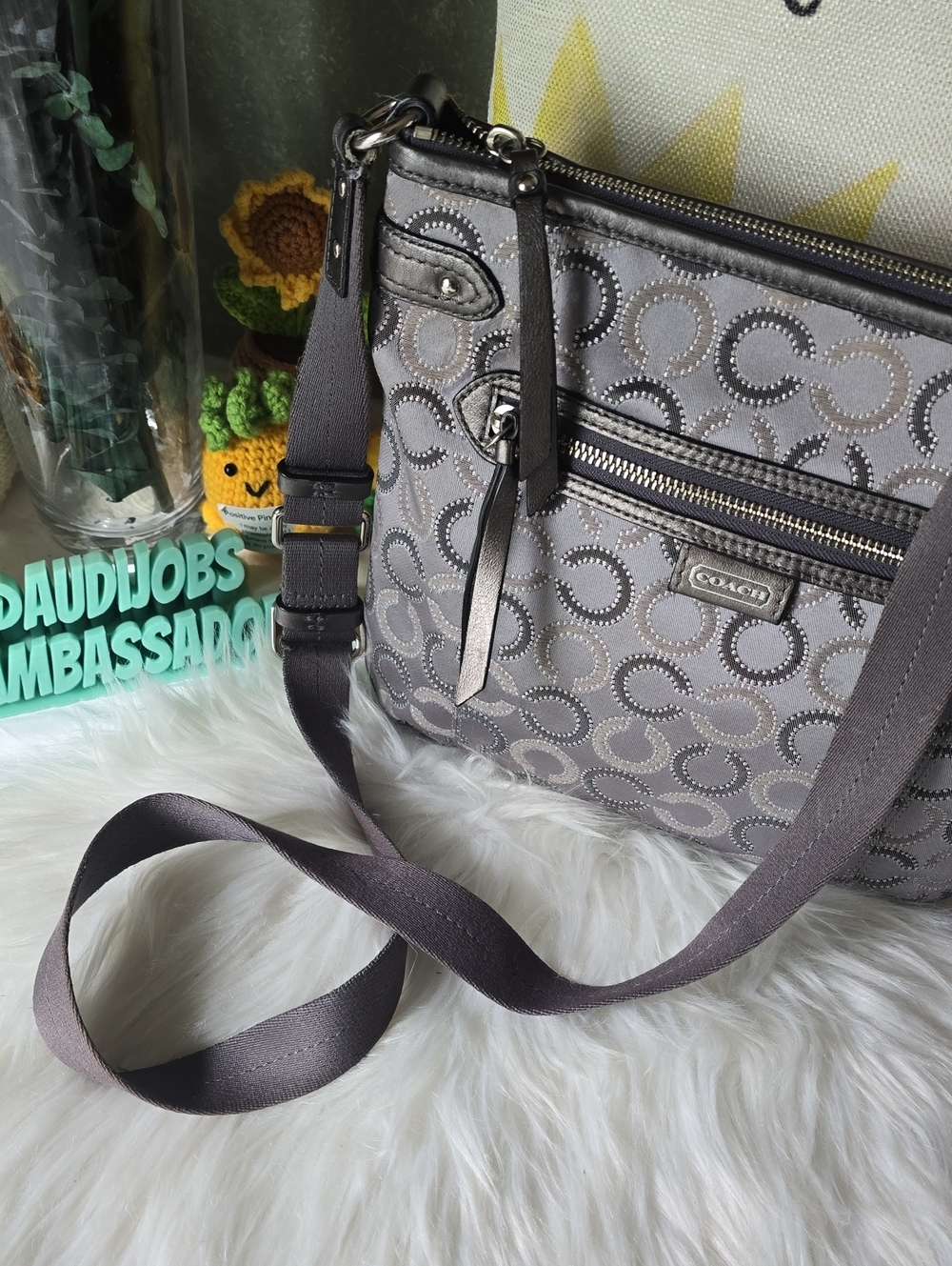 Coach Metallic Gray Signature Crossbody Bag with Tone-On-Tone 'C' Pattern GUC - Picture 16 of 16